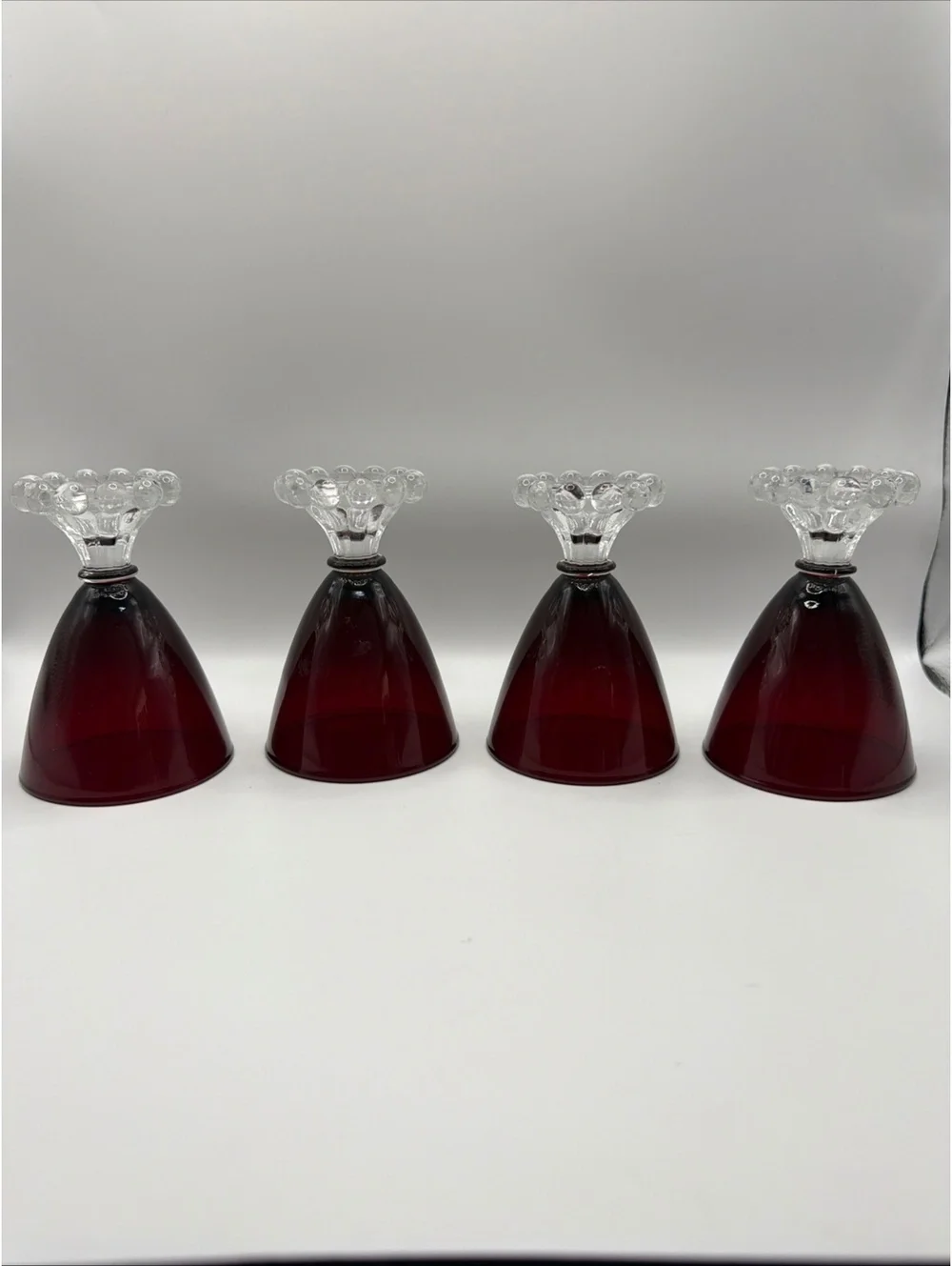 Set of 4 Ruby Red Goblets with Clear Bubble Stem Design
